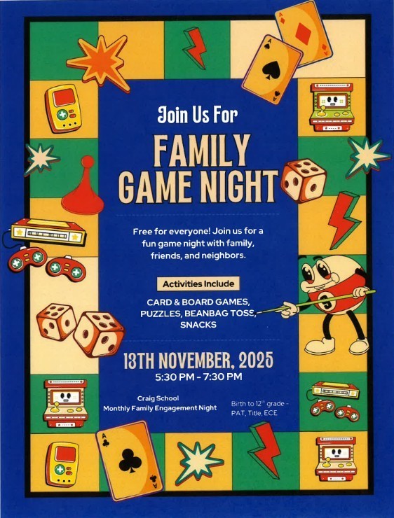 Family Game Night Flyer - November 13th from 5:30 pm to 7:30 pm.