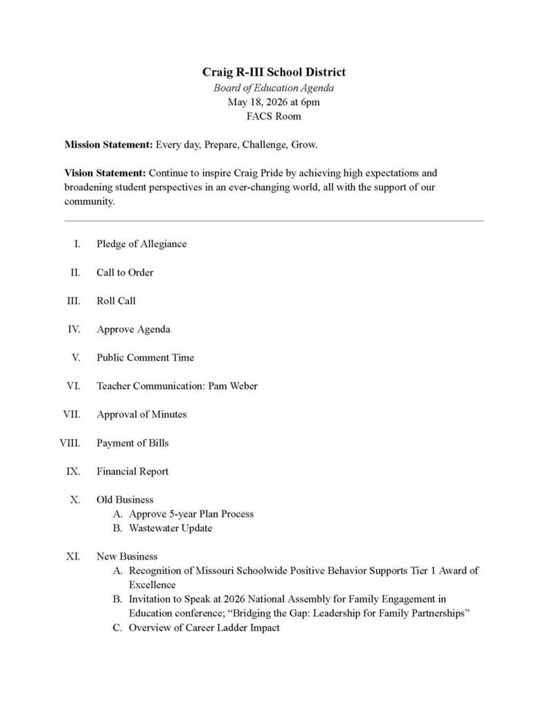 Craig R-III Board Meeting Agenda for 05-18-26 Page 1