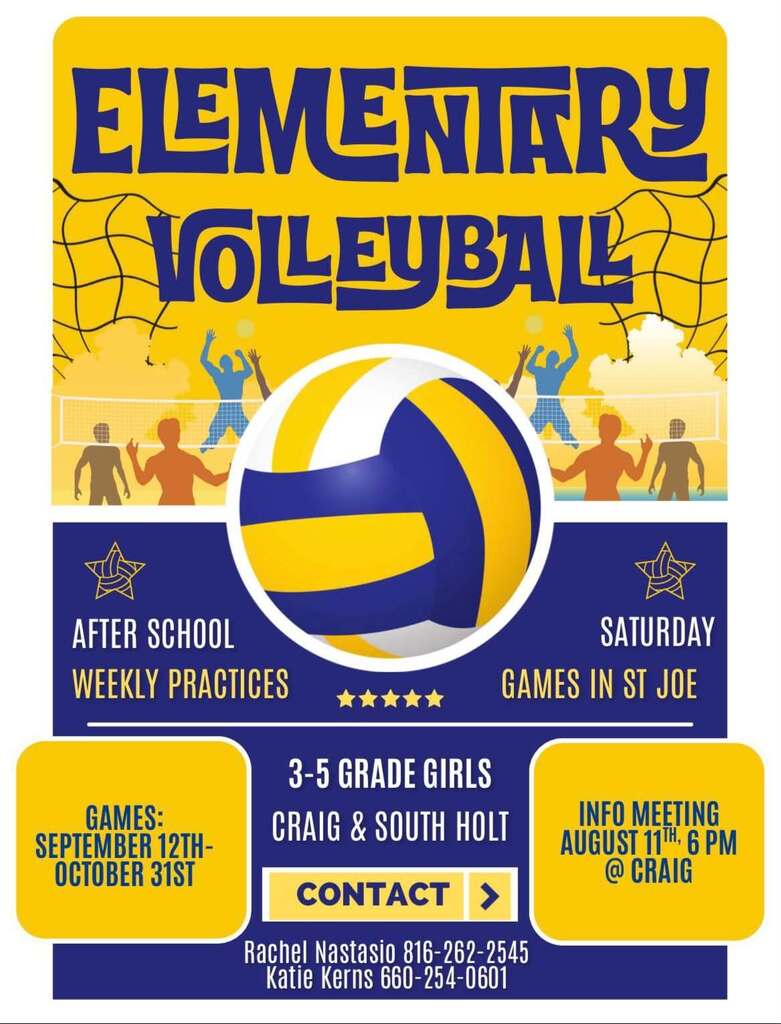 Elementary Volleyball meeting August 11th at 6:00. Girls from 3rd - 5th Grades.