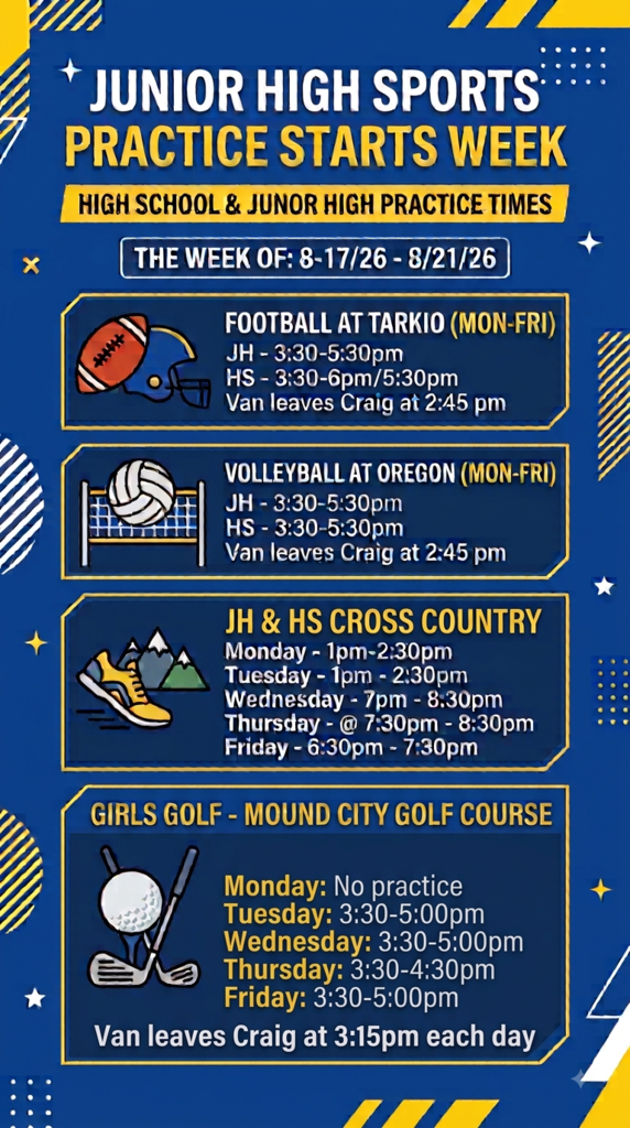 practice times for next week: 8-17/26 - 8/21/26 Co-op football @ Tarkio JH - 3:30-5:30pm van leaves Craig @ 2:45pm HS - 3:30-6pm Co-op VB @ Oregon JH - 3:30-5:30pm van leaves Craig @ 2:45pm HS - 3:30-5:30pm Craig Cross Country Monday - 1pm-2:30pm Tuesday - 1pm - 2:30pm Wednesday - 7pm - 8:30pm Thursday - @ 7:30pm - 8:30pm Friday - 6:30pm - 7:30pm Craig Girls Golf Co-op @ Mound City Golf Course Monday - No Practice Tuesday - 3:30-5pm, van leaves Craig @ 3:15pm Wednesday - 3:30-5pm, van leaves Craig @ 3:15pm Thursday - 3:30-4:30pm, van leaves Craig @ 3:15pm Friday - 3:30-5pm, van leaves Craig @ 3:15pm