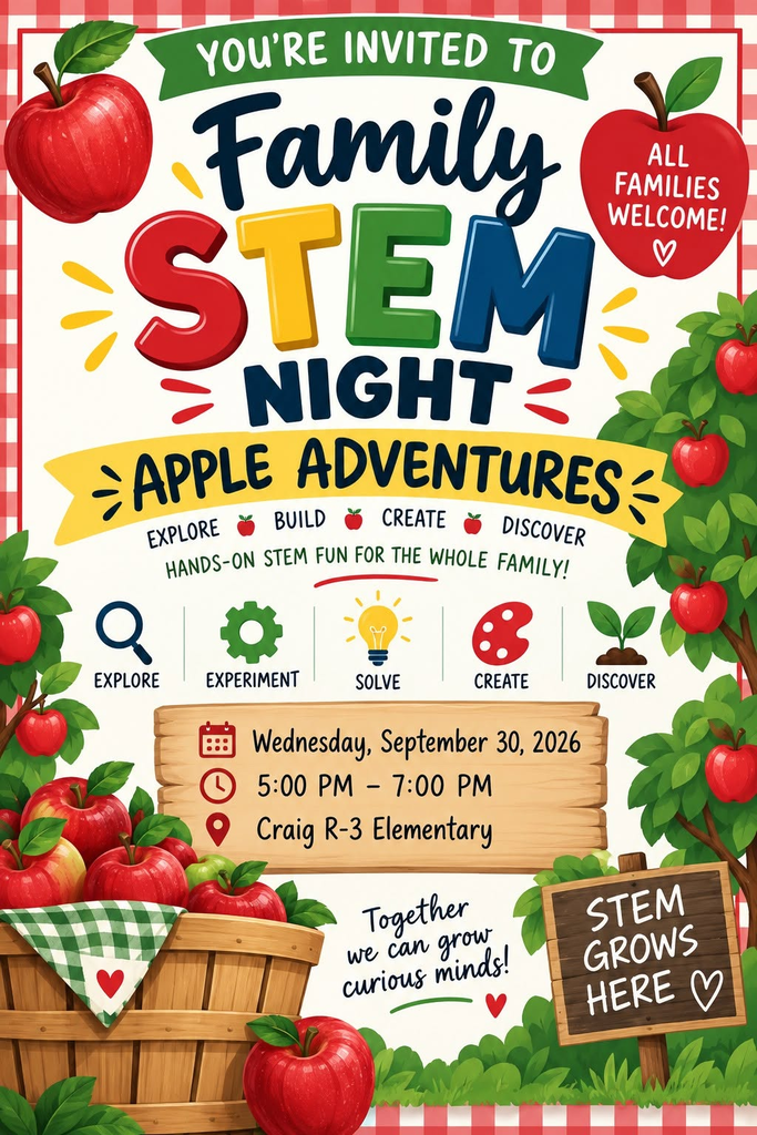 Family STEM Night. September 30, 2026 from 5:00 pm to 7:00 pm at the school.