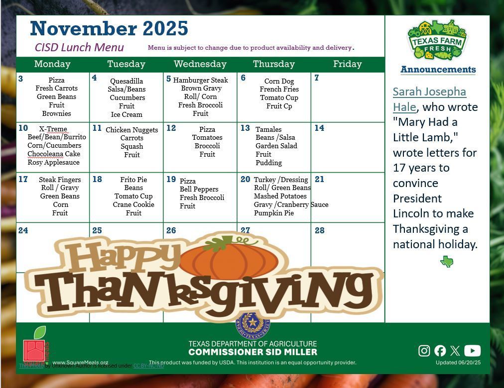 November Lunch Menu 2025