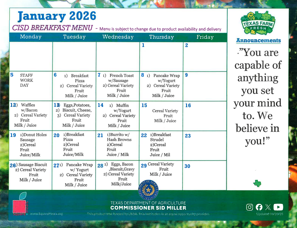 CISD January 2026 Breakfast Menu
