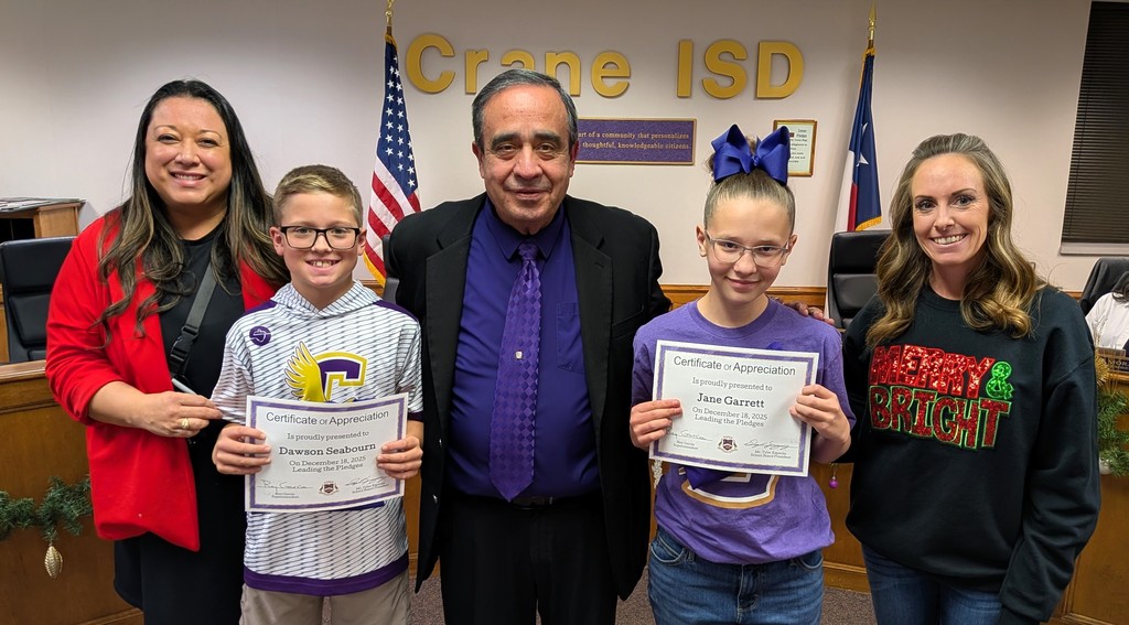 We were honored to have our school board meeting pledges led tonight by Dawson Seabourn from Crane Elementary and Jane Garrett from Crane Middle School.  We are so proud of our Crane ISD students!