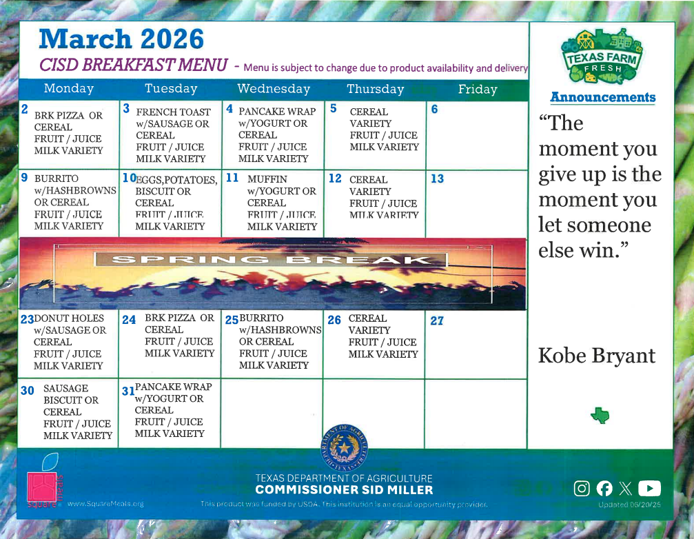 March 2026 Breakfast Menu