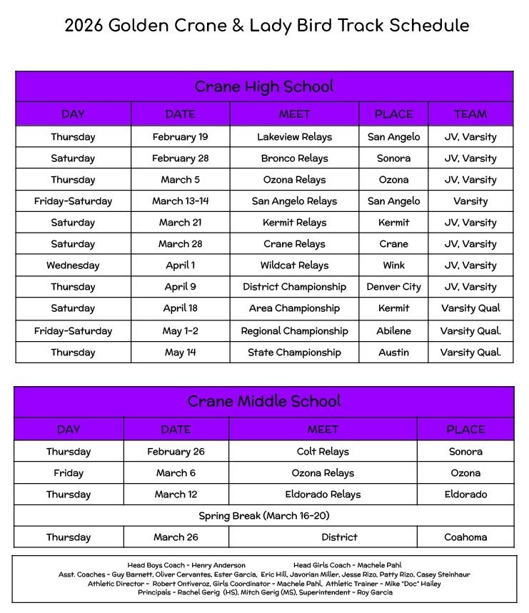 2026 Golden Crane & Lady Bird Track Schedule