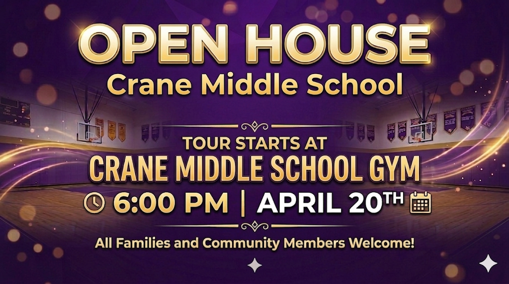 Reminder:  Join us TODAY for a tour of the new Crane Middle School at the Open House at 6pm.  You'll love the newest home of the Golden Cranes!