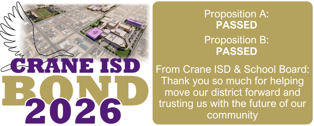 Crane ISD Bond Prop A and Prop B passed.  Thank you to the community!