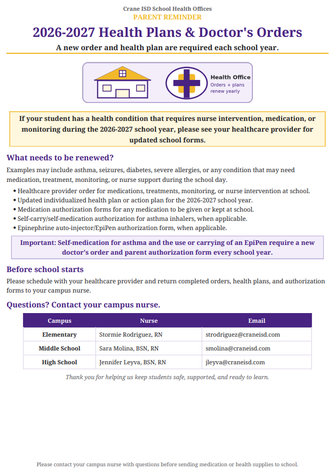 Please contact your campus nurse before sending medication or health supplies to school.
