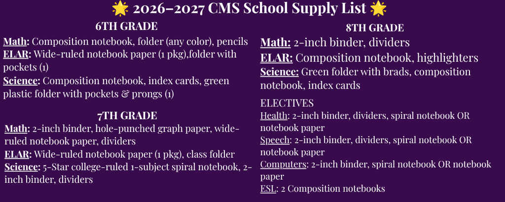 2026-27 CMS  6th, 7th, 8th grade, and Electives supply list