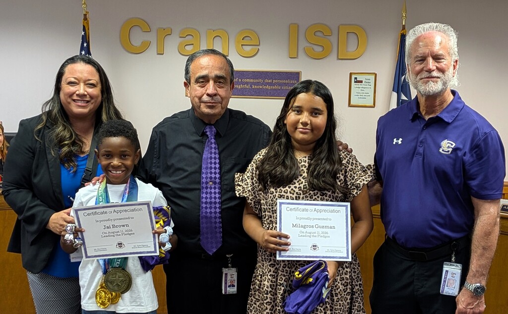 We were honored to have our school board meeting pledges led tonight by Jai Brown from Crane Elementary and Milagros Guzman from Crane Middle School.  We are so proud of our Crane ISD students!