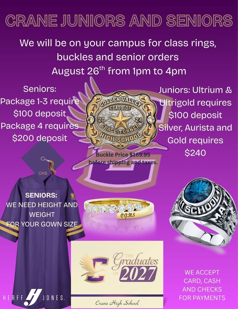 Herff Jones @ High School Auditorium on Wednesday from 1-4 for ring and cap&gown sales.