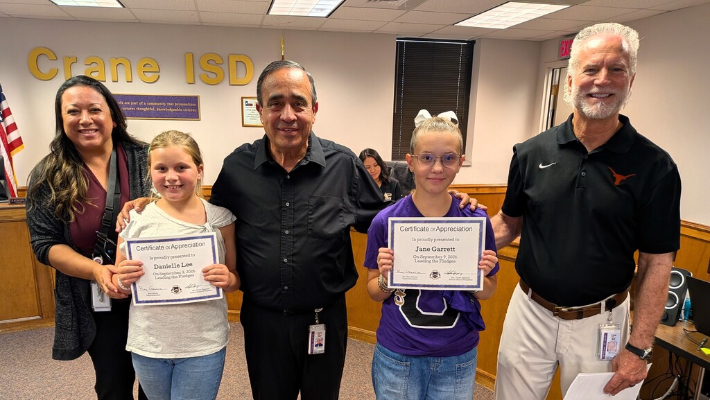 We were honored to have our school board meeting pledges led tonight by Danielle Lee from Crane Elementary and Jane Garrett from Crane Middle School.  We are so proud of our Crane ISD students!