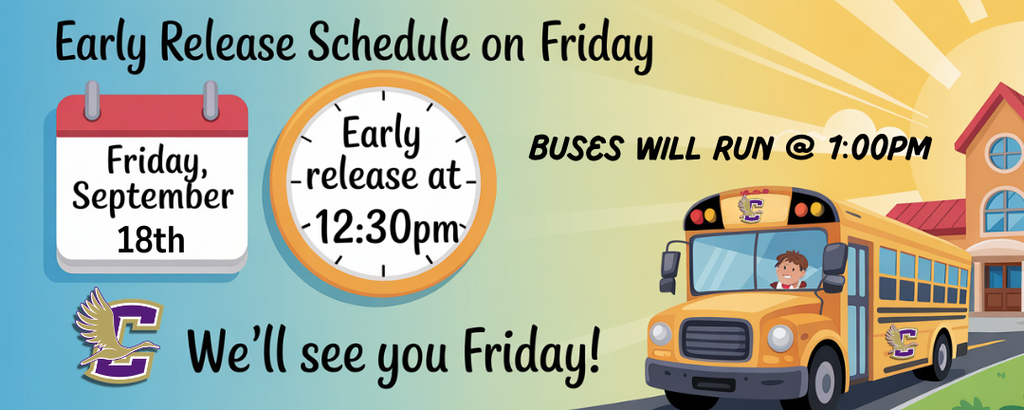 Early release at 12:30 and buses run at 1:00pm