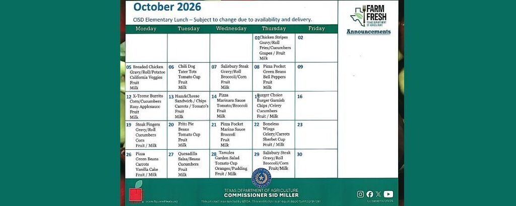 October 2026 HS/MS lunch menu