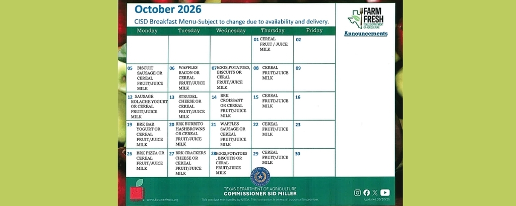 Crane ISD October 2026 Breakfast menu