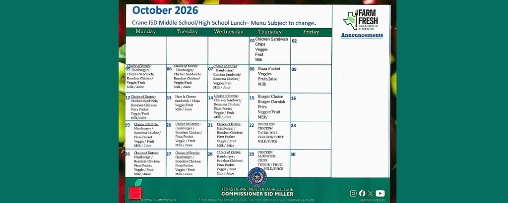 October 2026 HS/MS lunch menu