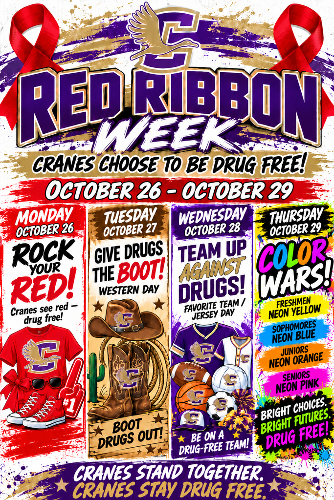 Poster for Red Ribbon Week October 26- October 29. Monday Rock your red, Tuesday Give drugs the book, Wednesday Team up against drugs, Thursday Color Wars