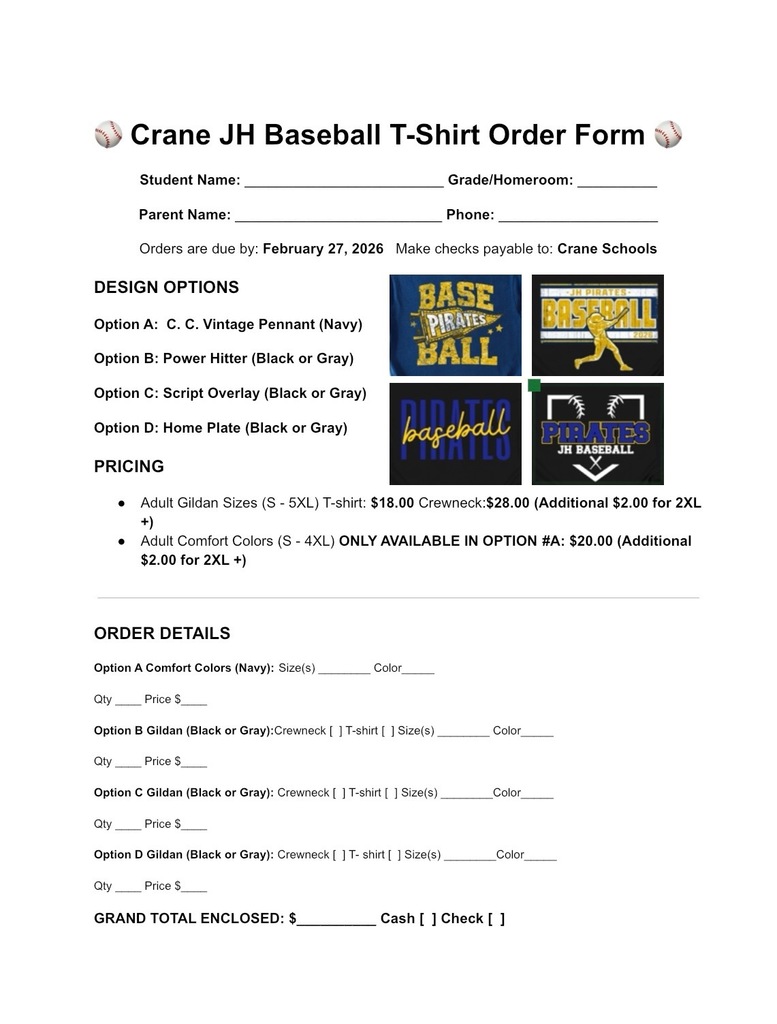 JH Baseball Shirt Order Form