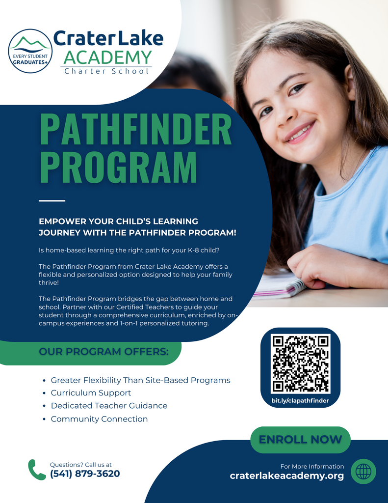flyer with details about the pathfinder program at crater lake academy