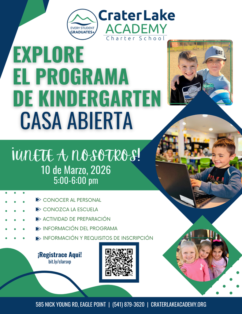 spanish version of flyer with details on explore kinder night at crater lake academy