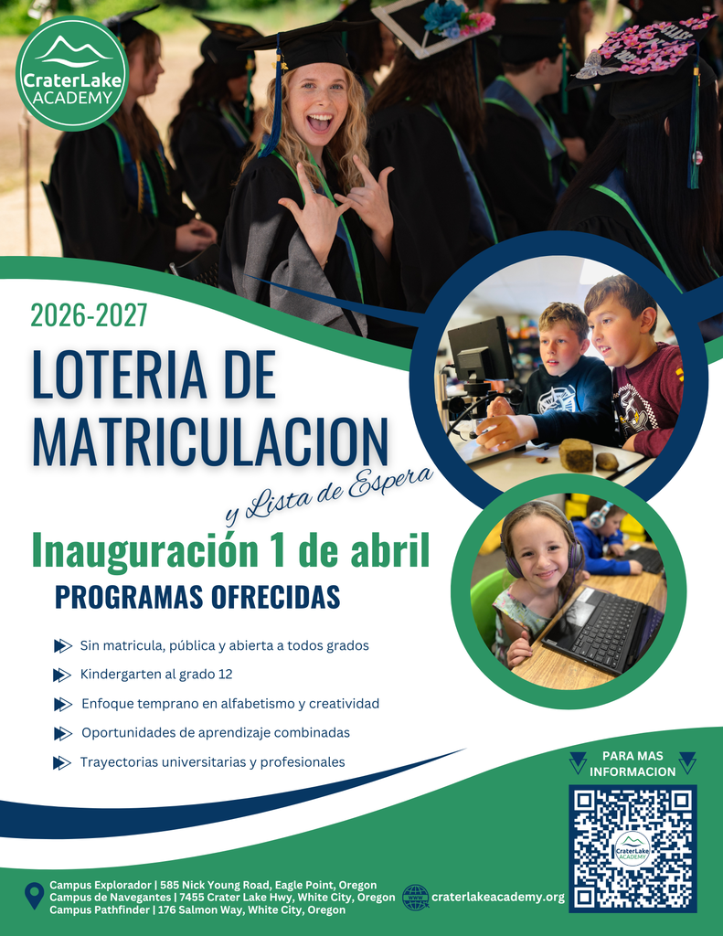 spanish version of flyer with details about the enrollment lottery at crater lake academy opening April 1st