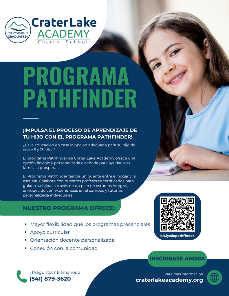 spanish version of the flyer with details about the pathfinder home-based program at crater lake academy