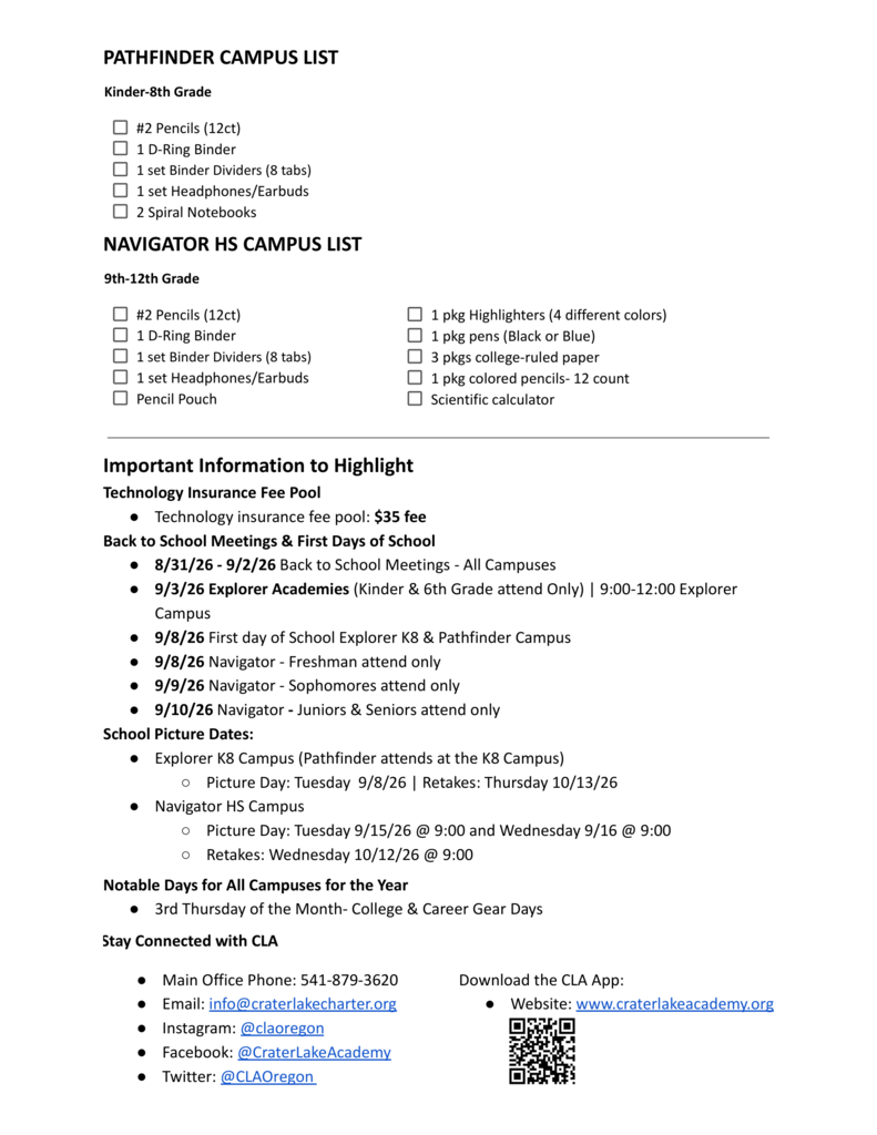 page 2 of school supply list by grade for crater lake academy