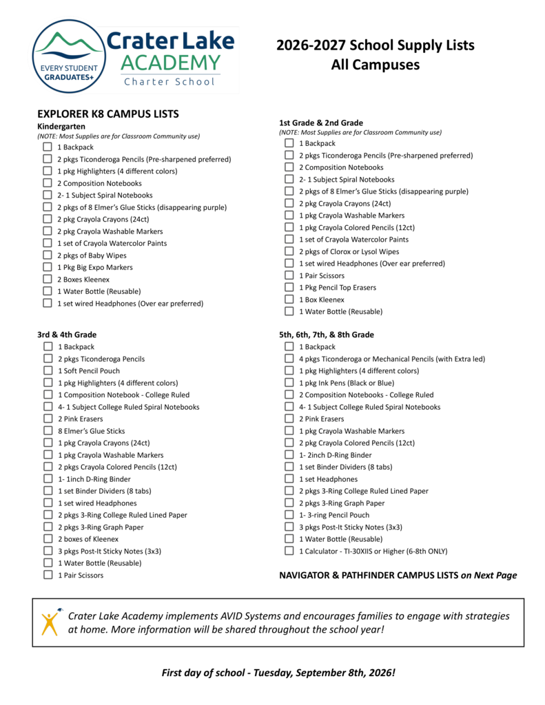 school supply list by grade for crater lake academy