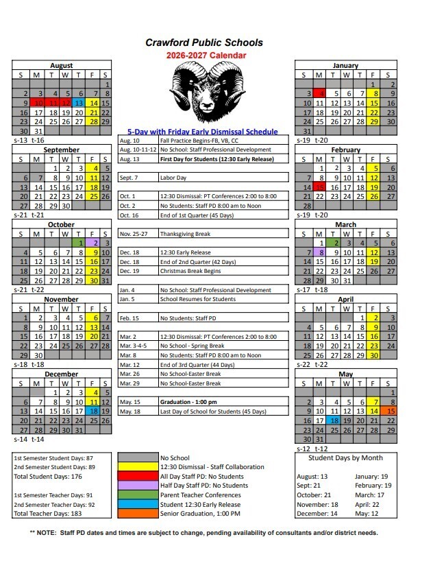2026-2027 Crawford School Calendar - Board Approved