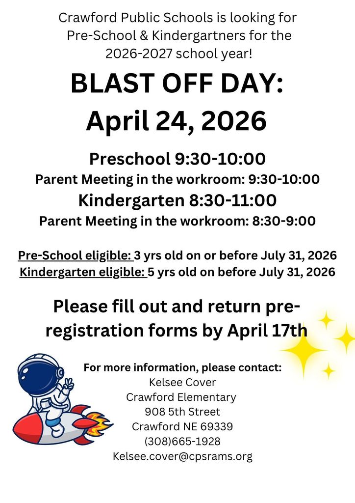 Blast off Day is April 24th with parent meetings starting at 8:30