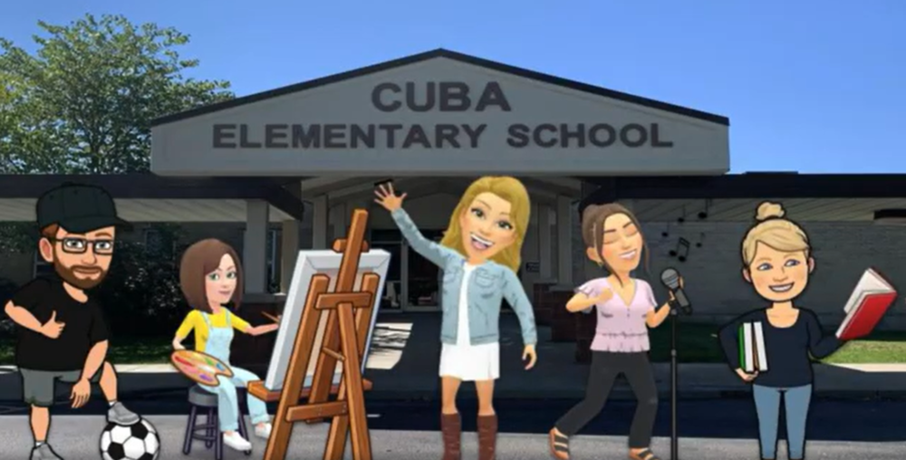 Cartoon images of the PE teacher on a soccer ball, the art teacher painting on an easel, the computer teacher waving, the music teacher singing, and the librarian holding books.