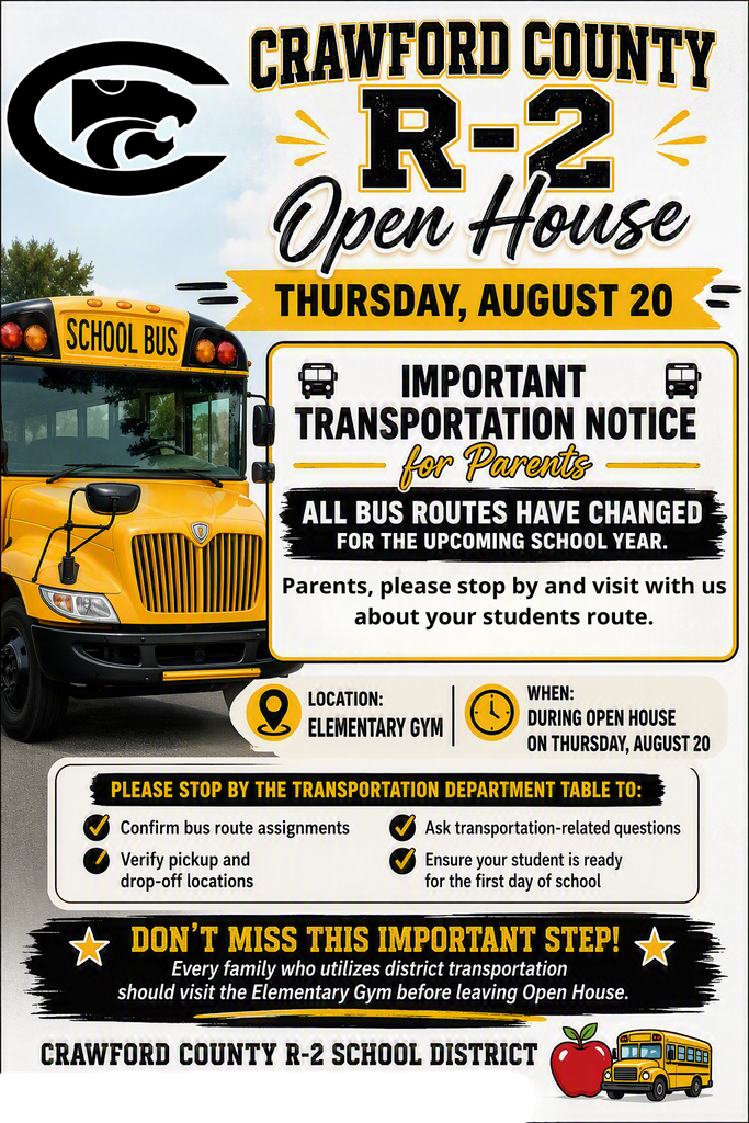 Transportation flyer about stopping by the transportation booth in the Elementary Gym.  All routes have changed and you can talk to the drivers for estimated pickup and dropoff times.  This is happening August 20th 6-7:30 PM.