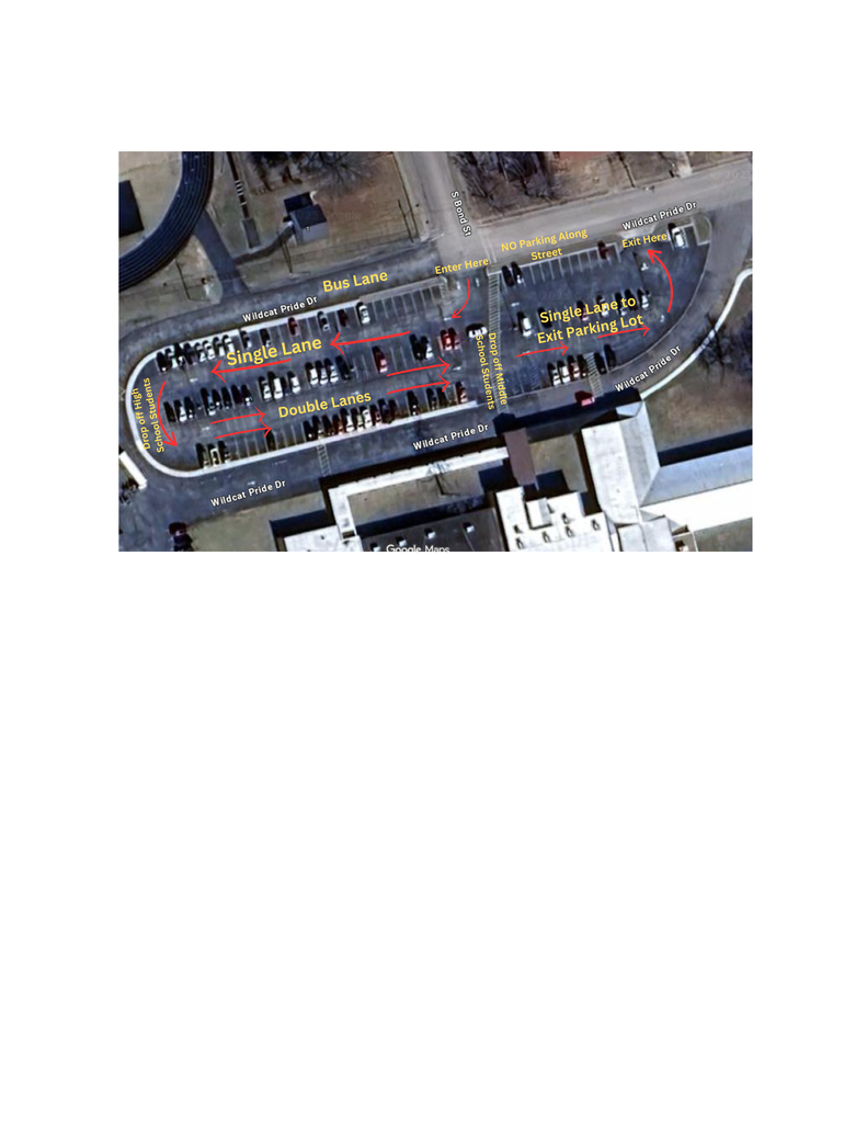 Satellite map of parking lot showing where to drive to pick up students
