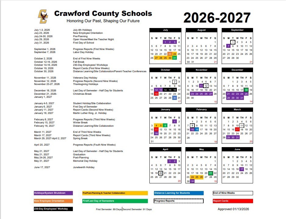 Crawford County Schools 2026-2027 Student Calendar