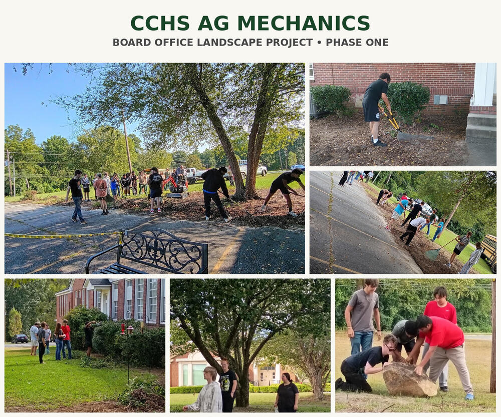 Students working in the front of the Board of Education cleaning the front lawn