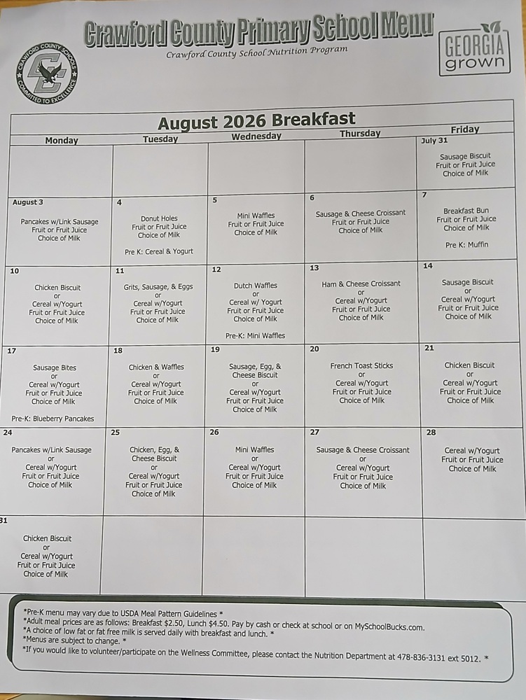 Crawford County Primary School Menu