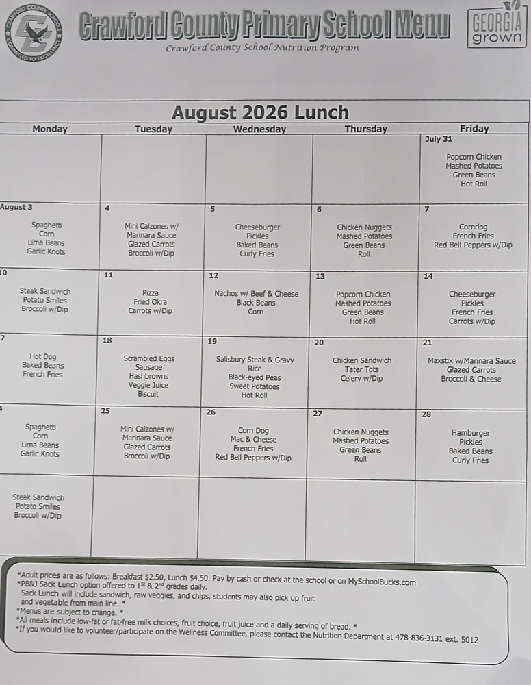 Crawford County Primary School Lunch Menu