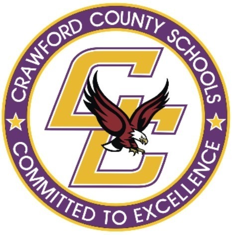 Crawford County Schools logo features a maroon and white eagle over a large yellow "CC." Surrounded by a purple circle with "Committed to Excellence."
