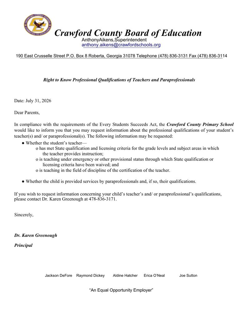 Right to Know Parent Letter