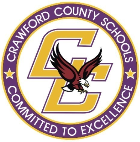 Crawford County Schools logo features a maroon and white eagle over a large yellow "CC." Surrounded by a purple circle with "Committed to Excellence."