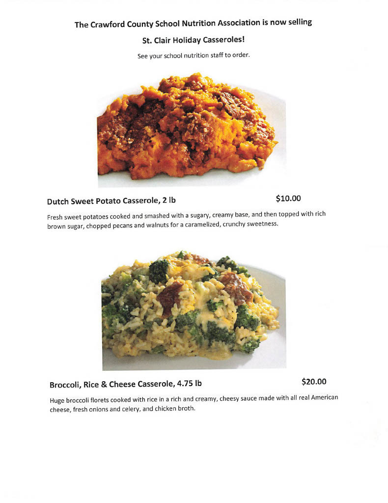 poster that advertises the sweet potato casserole and broccoli/cheese casserole for sale