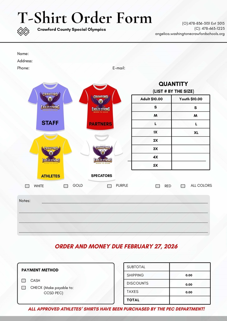 T-shirt order form for Special Olympics