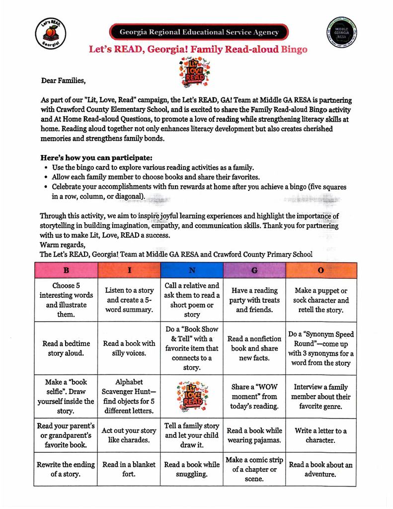 Let's Read, Georgia! Family Read-aloud Bingo page 1
