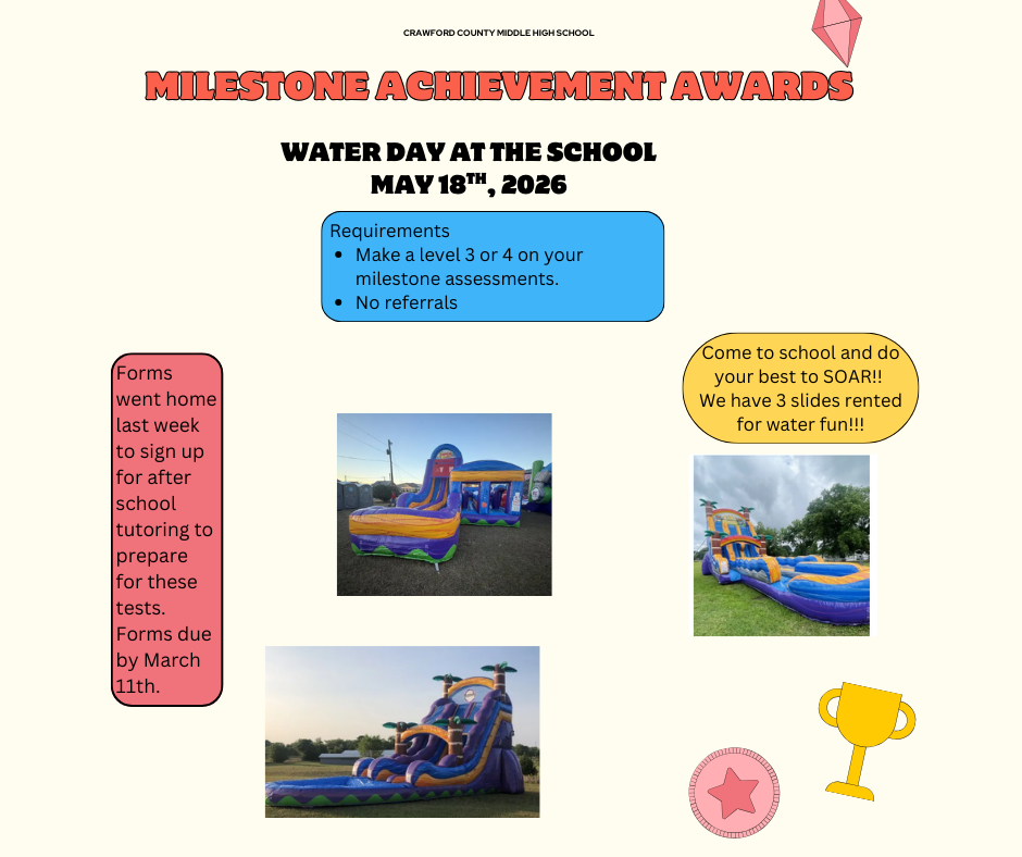 Milestone Achievement Water Day May 18th. Students must make a 3 or  4 on any Milestone to participate.