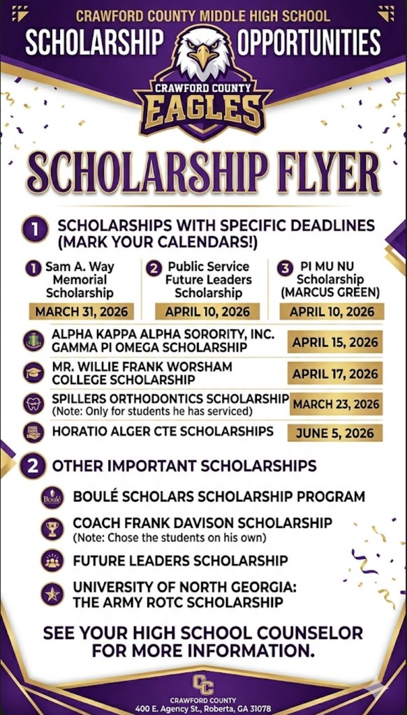 purple gold and white scholarship flyer from the counseling department