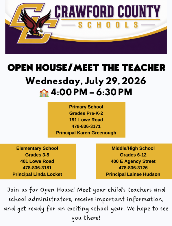 Flyer with all Open House/Meet the Teacher details for all schools