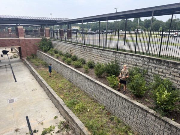 jrotc students help place pinestraw outside the school building