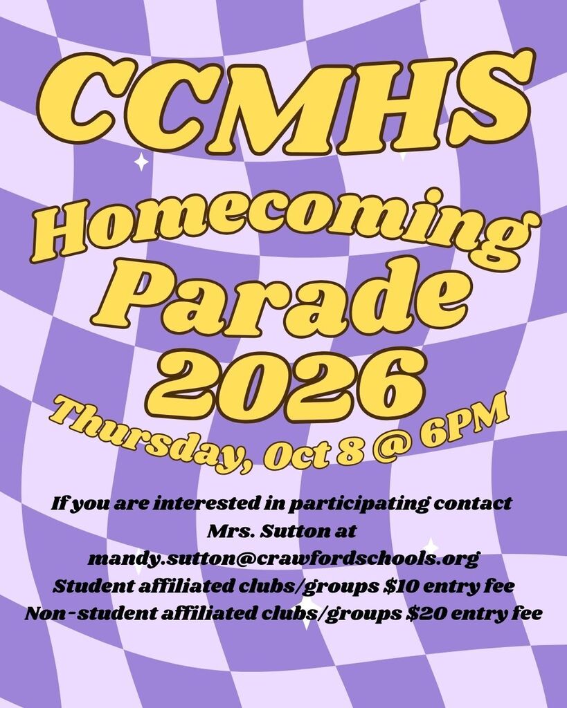 CCMHS Homecoming Parade is Oct 6 at 6PM.