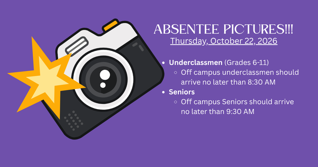 absentee pictures flyer with a purple background and a flashing camera